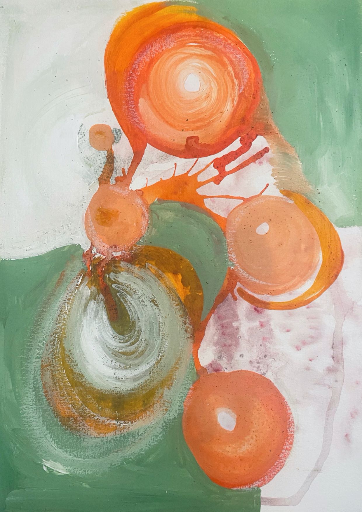 Green and orange painting with circles and swirls