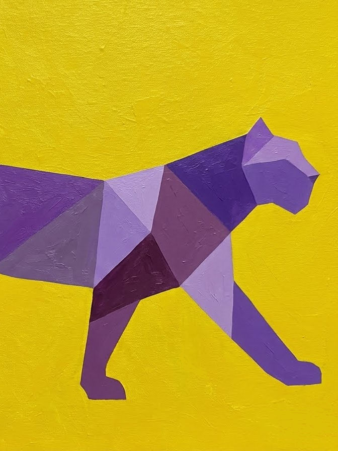 Purple shapes made into an animal with a mustard background.