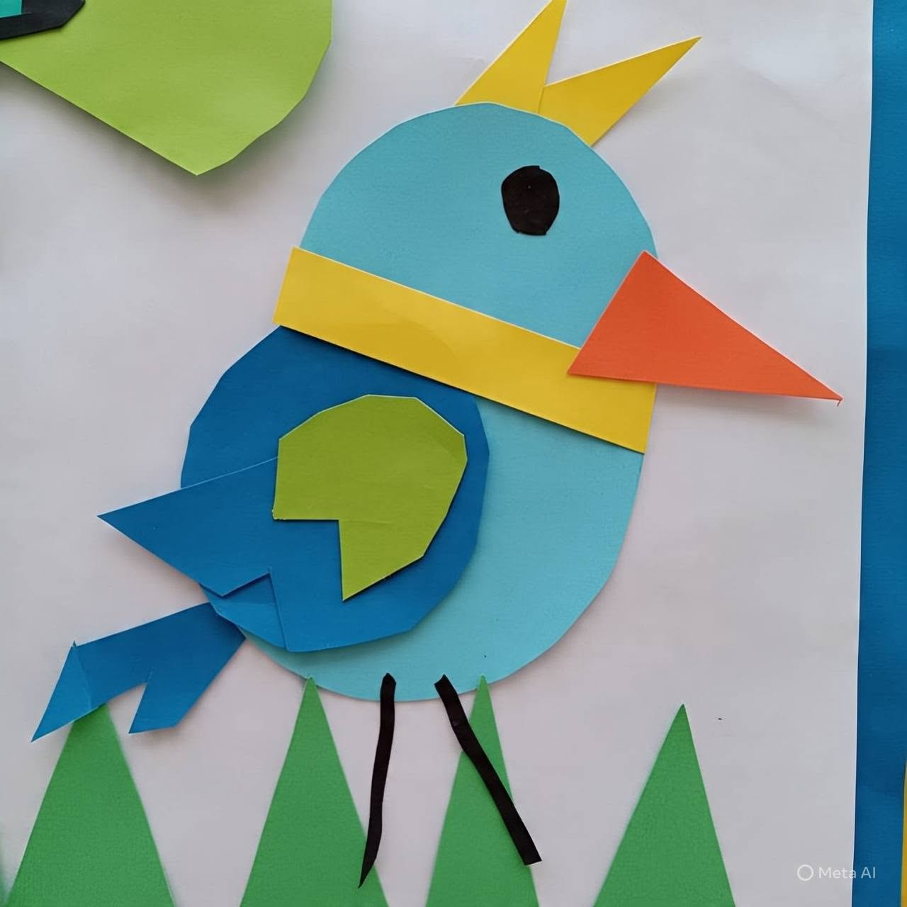 Different shapes (blue, orange, yellow and green) put together to make a bird.
