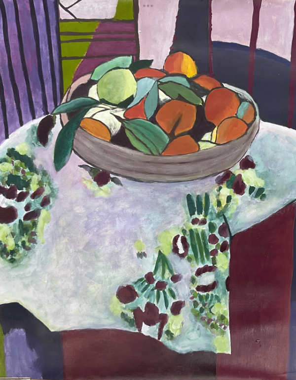 Painting of bowl of fruit on a table
