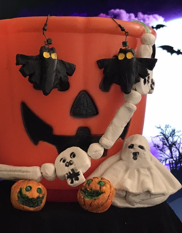 Halloween pumpkin with clay skull necklace and bat earrings