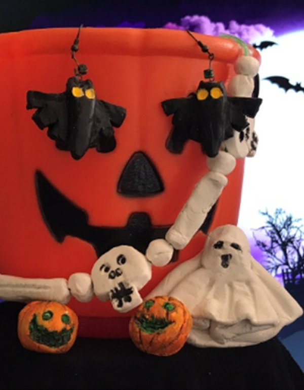 Halloween buckets with clay skeleton jewellery