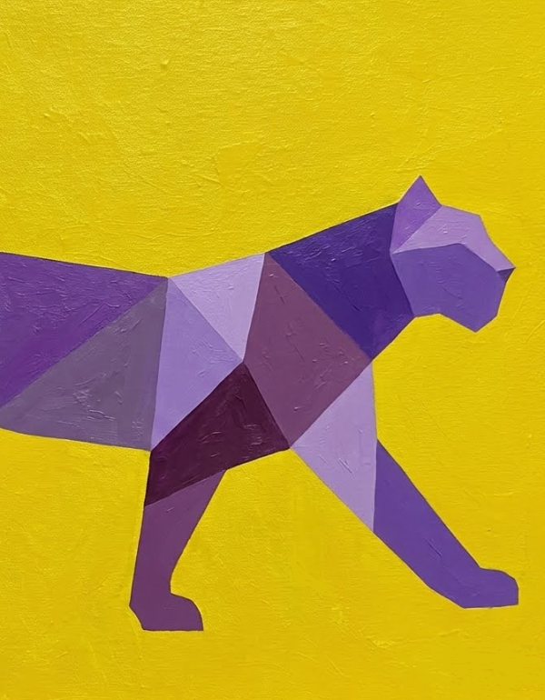 Purple shapes made into an animal with a mustard background.