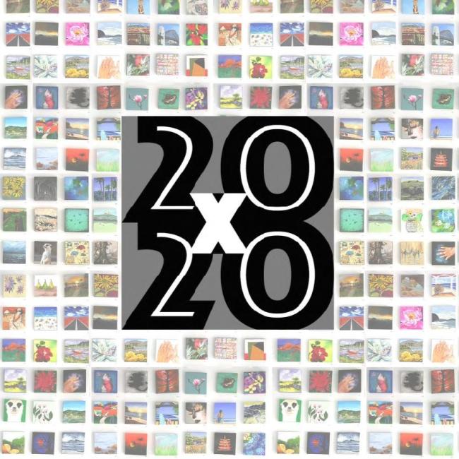 The 20x20 logo superimposed over an image of dozens of small artworks.