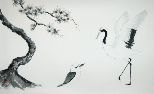 Black ink drawing of Kookaburra and white bird