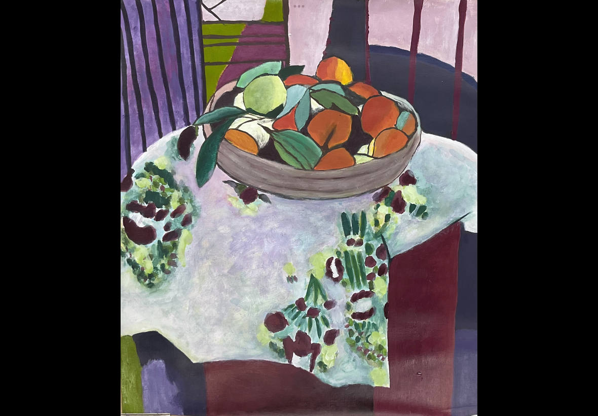 Painting of bowl of fruit on a table