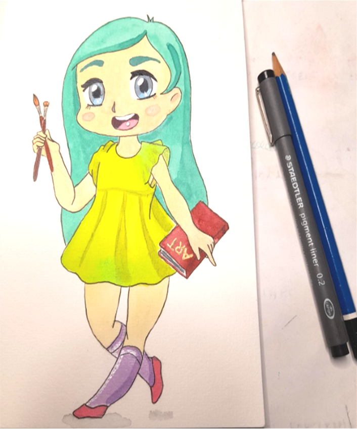 Stylised drawing of a girl with blue hair