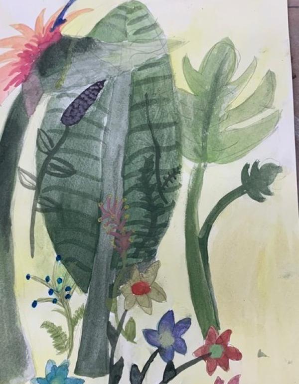 Watercolour - Green leaves and colourful flowers.