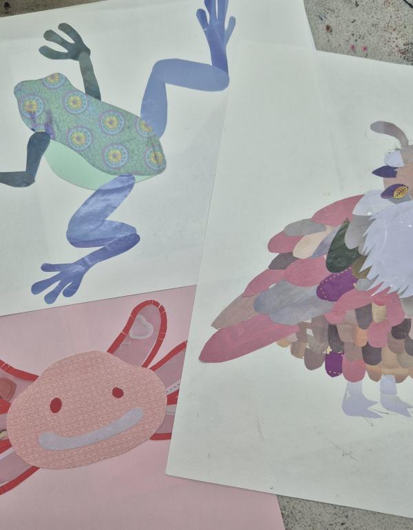 Frog, bird and face made with patterned paper