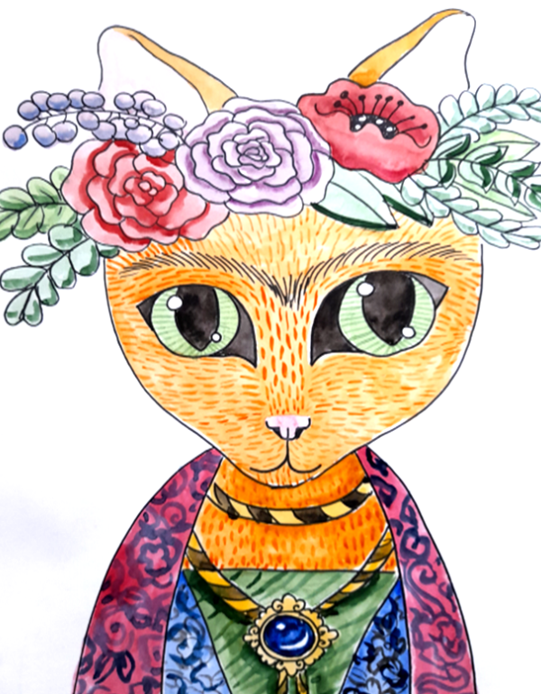 Texta drawing of a cat with flowers on the head