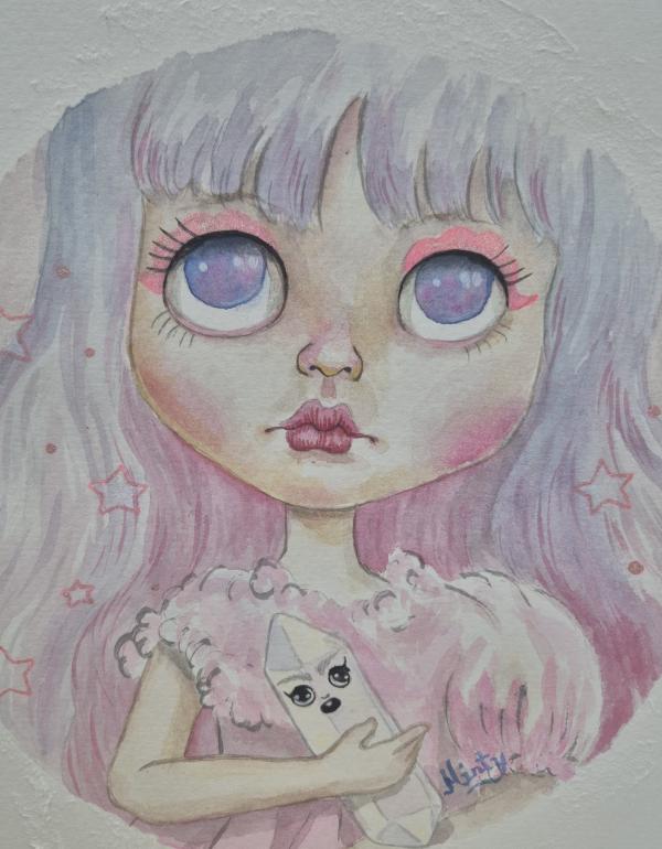 Girl with long hair, holding a crystal, coloured in pink and purple.