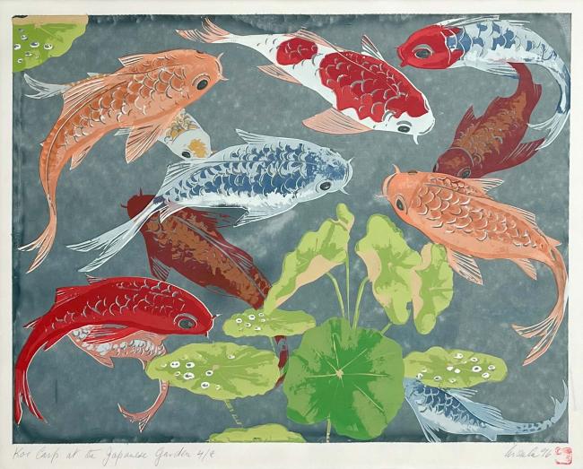 An artwork showing Koi fish swimming in a pond