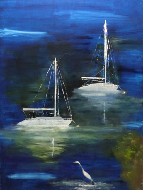 A painting of two boats on the water