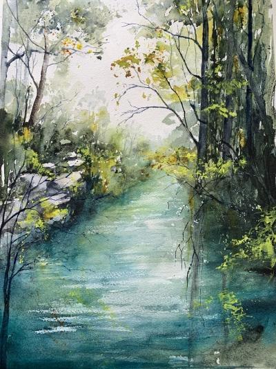 A watercolour painting of a river flanked by trees.