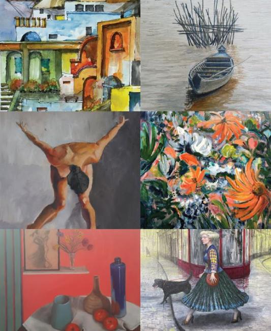 Details of six paintings by artists exhibiting in this exhibition