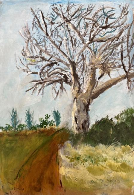 Painting of a countryside scene featuring a tree without leaves