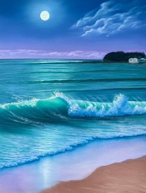 A painting showing waves rolling onto a beach under a full moon