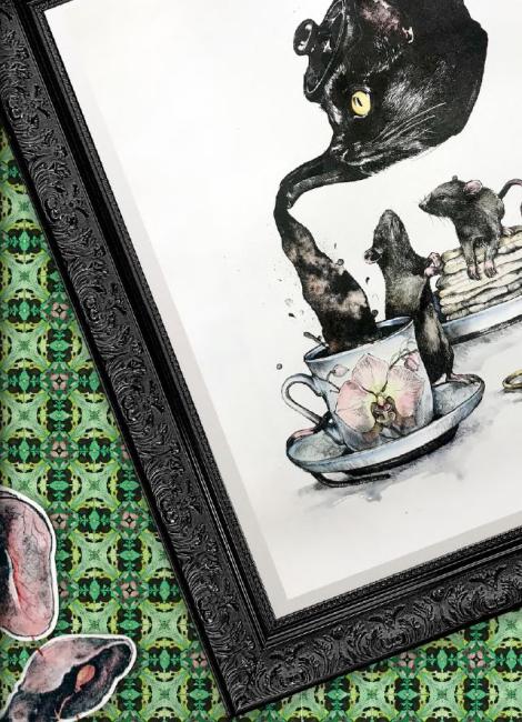 Detail of artwork showing a framed picture of a teapot pouring liquid into a cup. The teapot resembles a cat, and there are two rodents looking up at it.