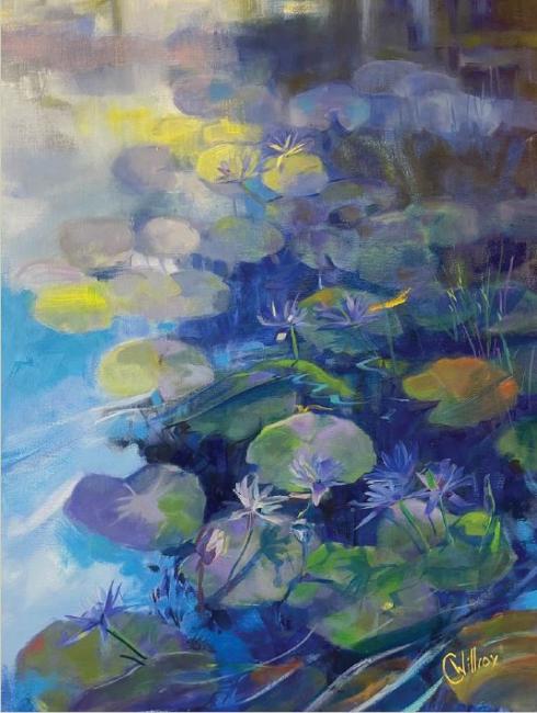 A painting of lily pads floating in a pond