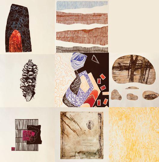 A collage showing portions of seven printmakers' artworks