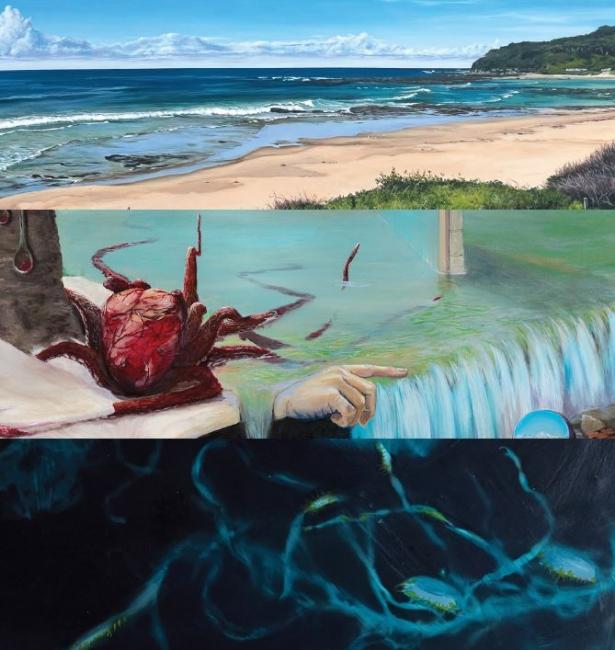 A collage made up of three paintings. One shows a pretty beach scene, the next shows a surreal waterscape with a strange sea creature and a pointing hand, and one shows what appears to be jellyfish deep in the ocean
