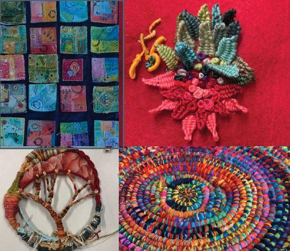 A collage of four colourful artworks.