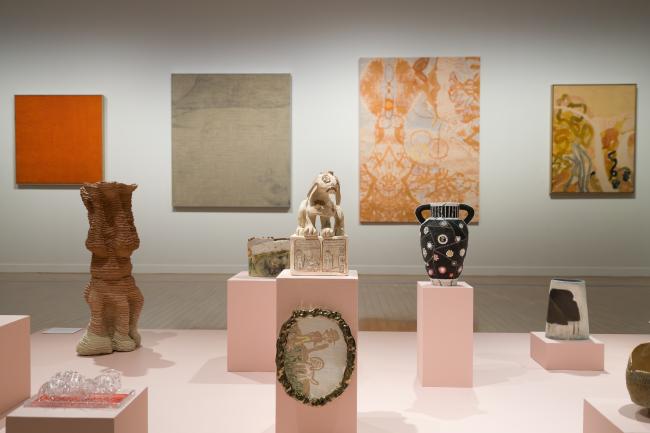 This is an image of pink plinths with the Gosford Art Prize ceramic objects