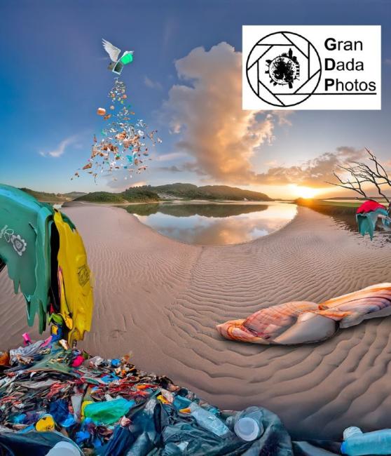 A surrealist landscape showing a lake, rippled sand, and discarded rubbish