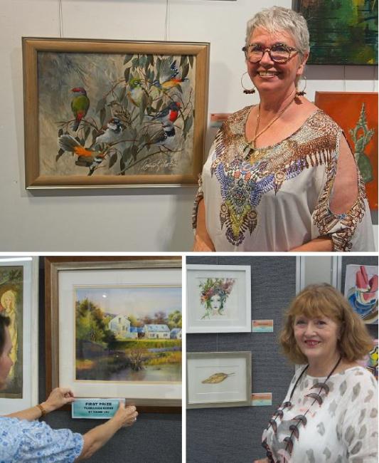 Three photographs of women standing next to their artworks