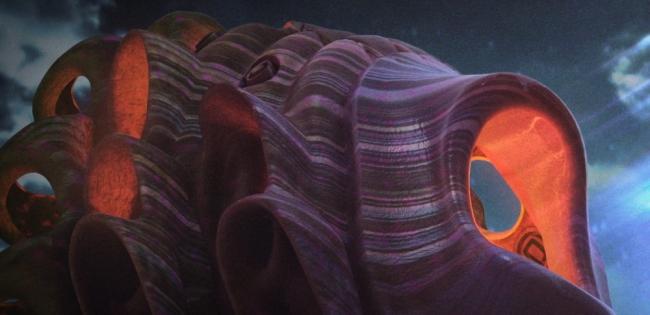 A still from the artwork footage, showing a curved structure in shades of purple and orange