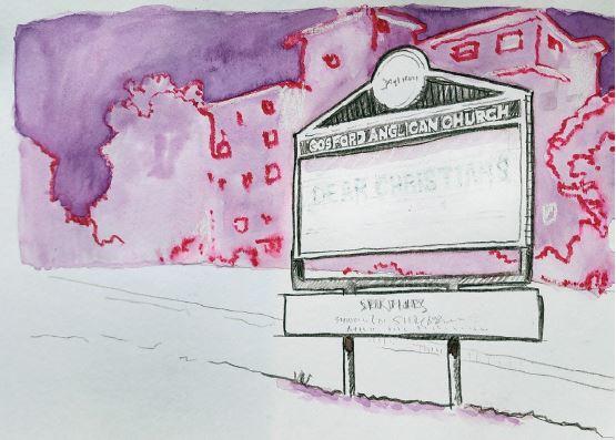 A watercolour in pale shades of pink, purple and grey, showing the sign at the Gosford Anglican Church