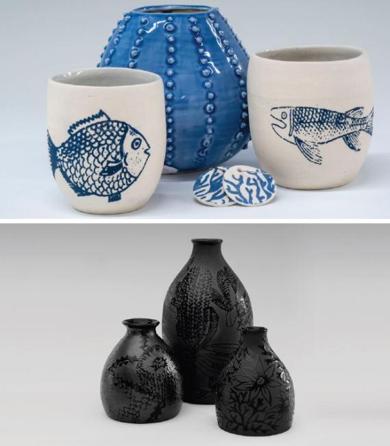 A photo of blue and white ceramics containers with marine designs above, and a photo of glossy black ceramic vessels with designs etched on them, below.