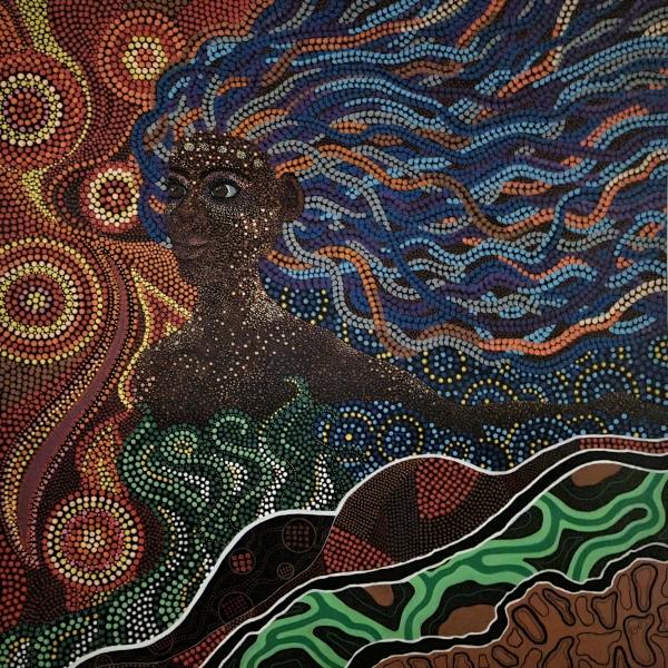 A dot painting showing a woman wearing a green dress.