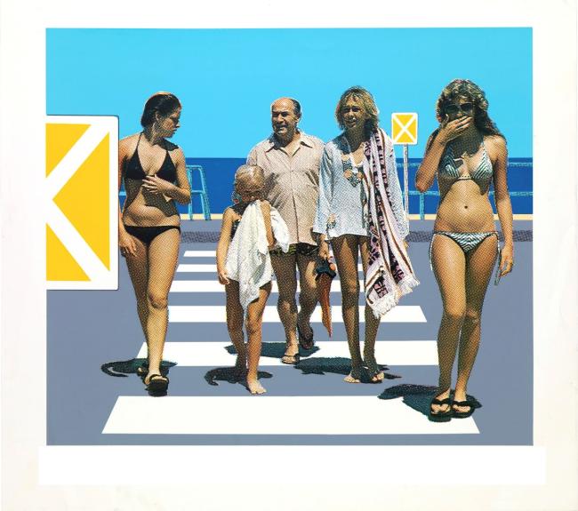An artwork showing five people in beachwear walking across a pedestrian crossing